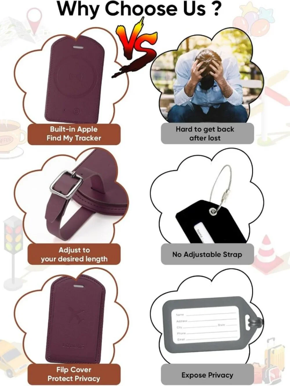Luxury Leather Luggage Tags with Anti-Loss Tracker for Travel Bags & Suitcases